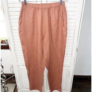 FLAX Rust Coral 100% Linen Pocketed Ankle Pant Pull On Lagenlook Size Med